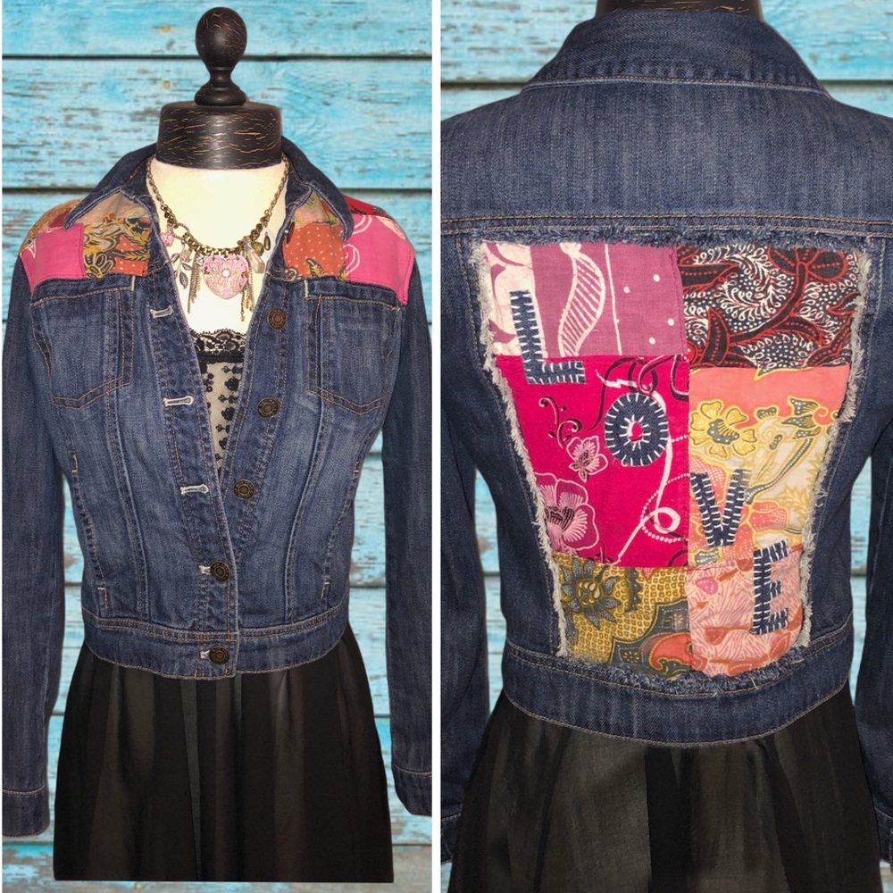 Upcycled Hippie Boho Patchwork Dark Denim Jacket
